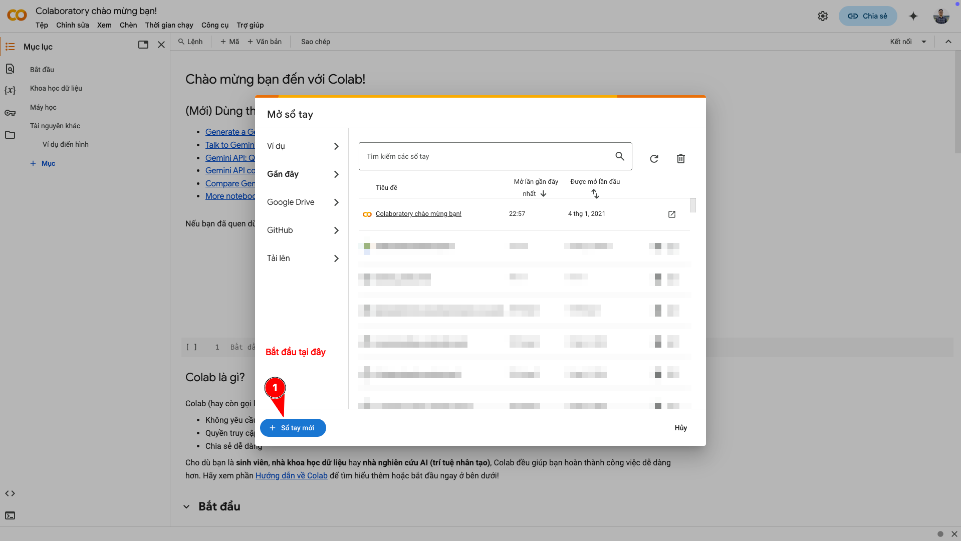 Tạo sổ tay mới trong Google Colab để bắt đầu