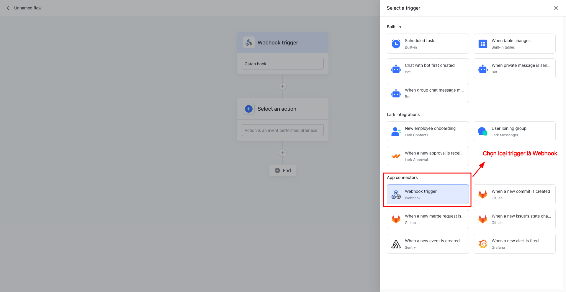 Lark chọn webhook trigger