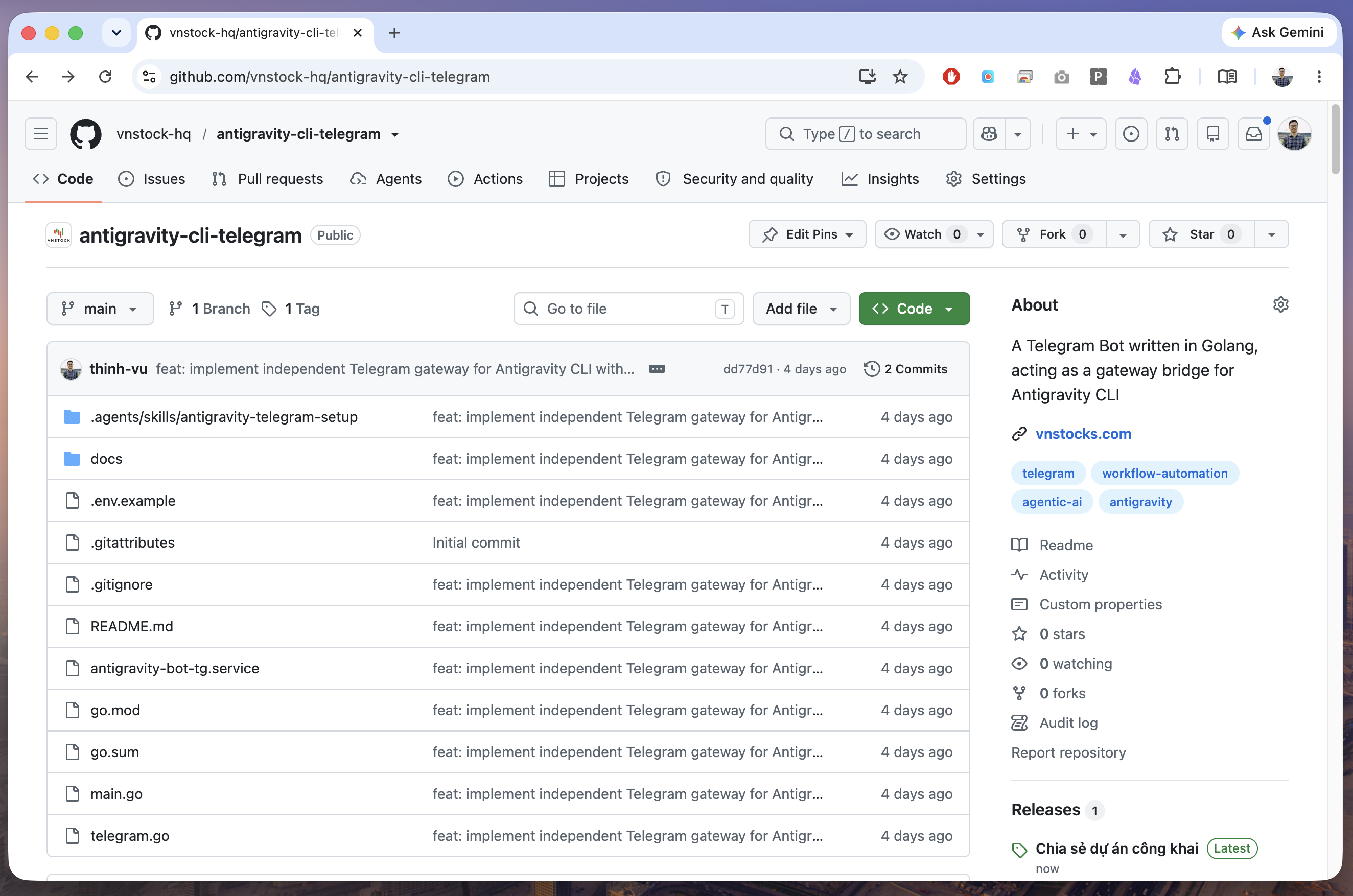 Hình ảnh repository Antigravity CLI x Telegram Bot được chia sẻ miễn phí bởi Vnstock qua Github