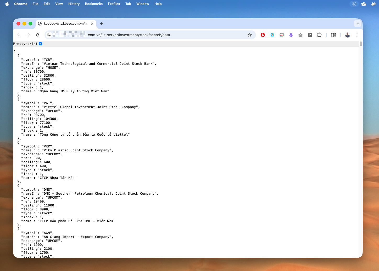 Dữ liệu mẫu từ một API dữ liệu chứng khoán công khai