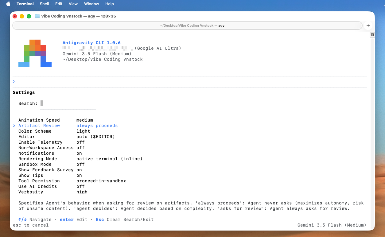 Hình 3: Giao diện làm việc của Google Antigravity trong cửa sổ lệnh Terminal