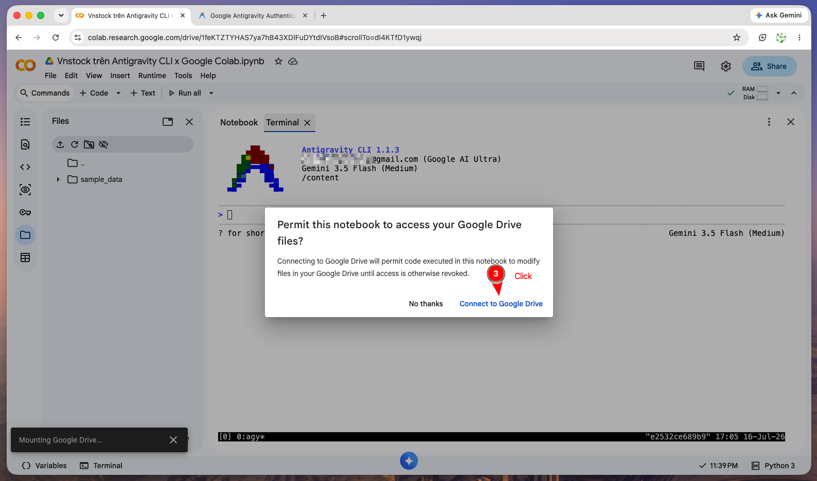 Hộp thoại xác nhận kết nối Google Drive với Colab