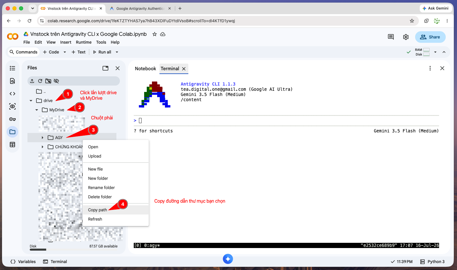 Sao chép đường dẫn (Copy path) thư mục dự án trên Google Drive