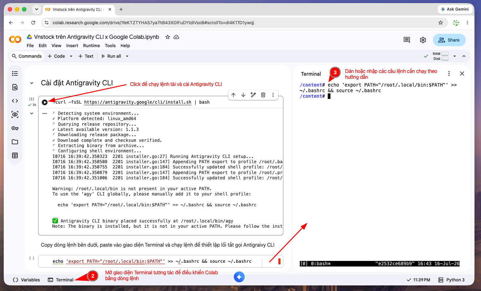 Khởi động Antigravity CLI trên Google Colab