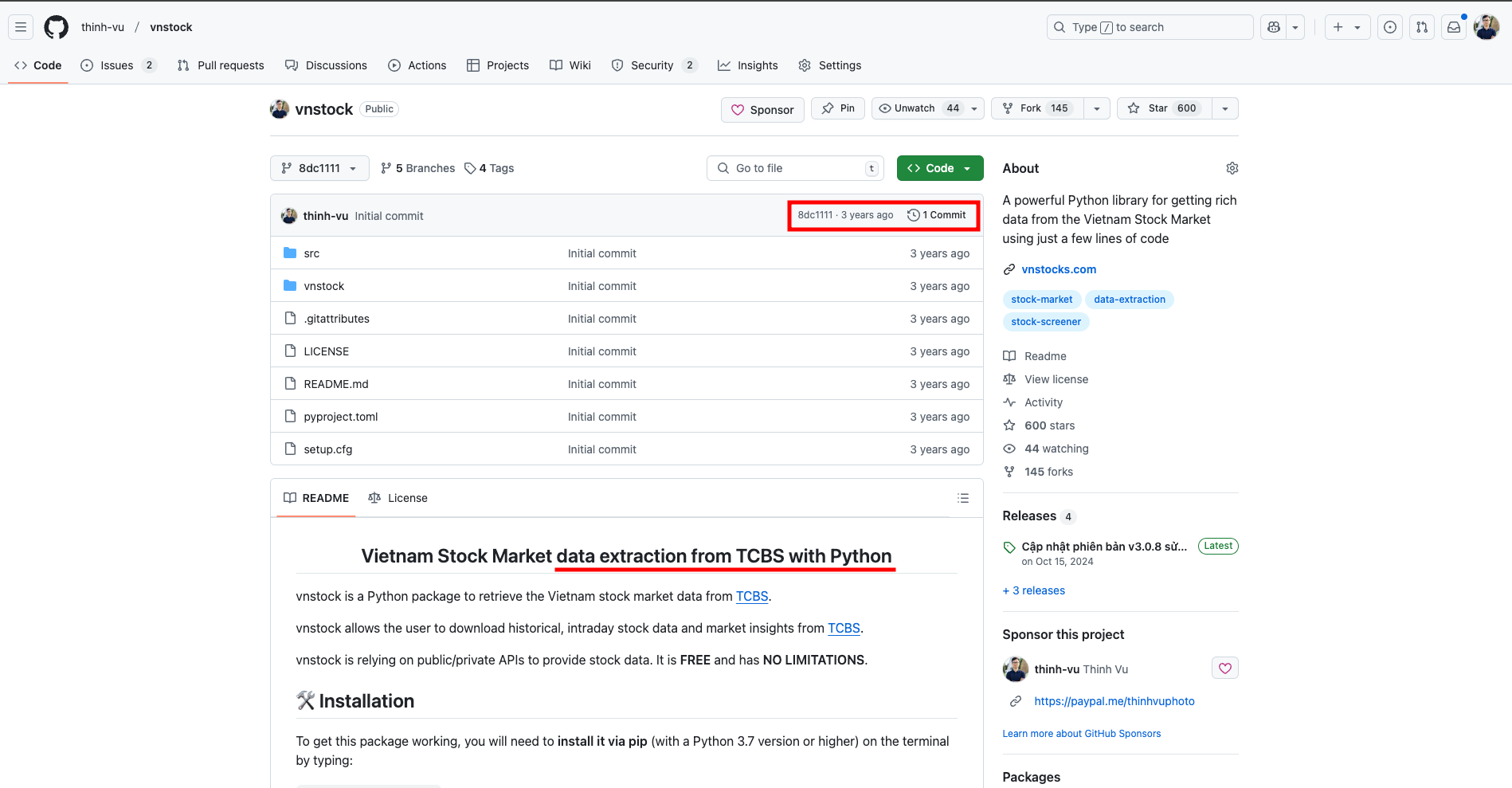 Mã nguồn Vnstock lần đầu tiên được chia sẻ vào 27/2/2022 qua Github.