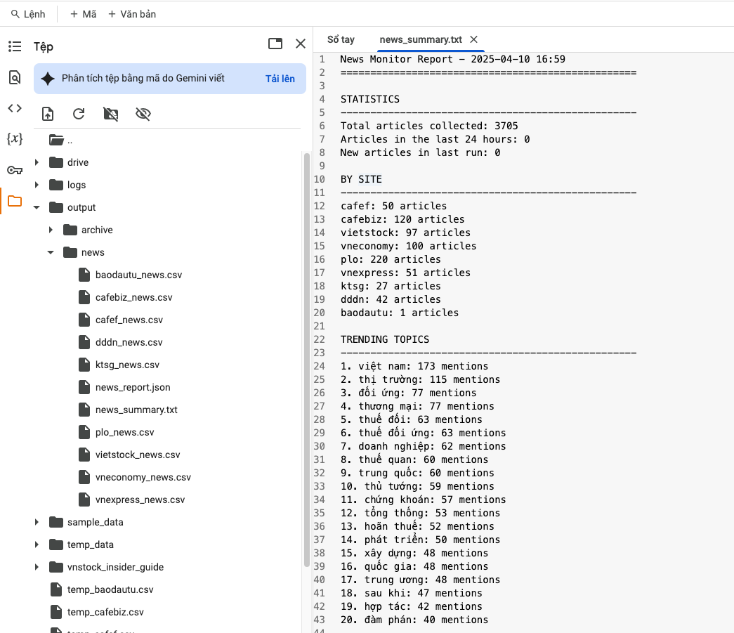 Tóm tắt kết quả chương trình khi kết nối và phân tích tin tức trên Google Colab