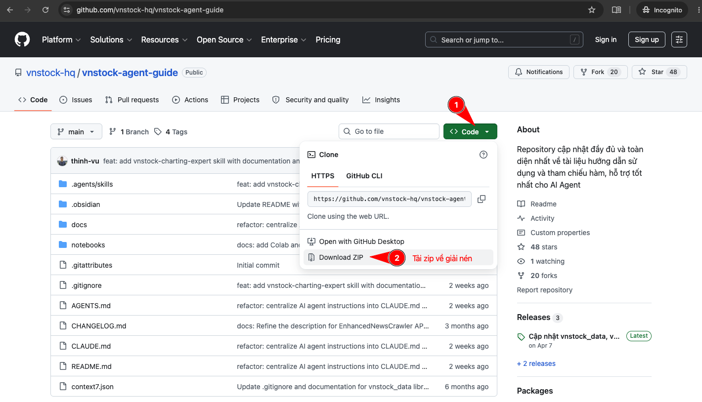 Hướng dẫn tải tài liệu Agent Guide bằng file ZIP trên Github